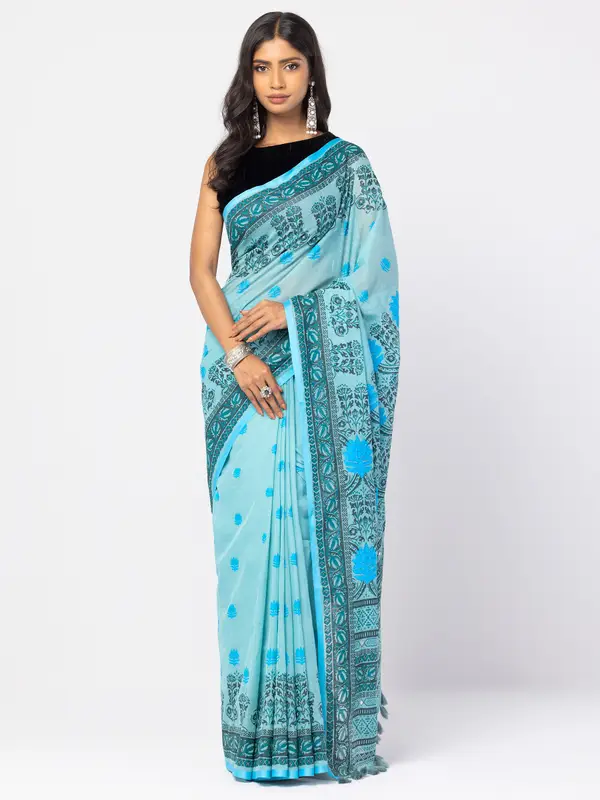 Light Cyan Printed and Embroidered Cotton Saree