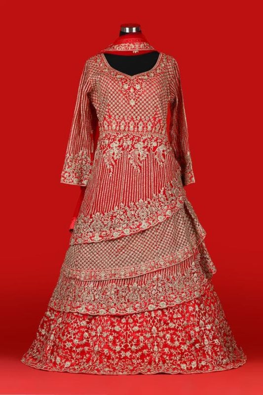 A Fine Cut Semi Bridal Gaun with All Over Embroidery and Hand Mirror Work