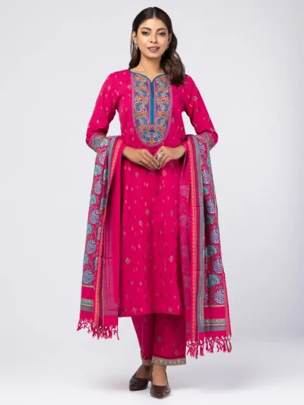 Dark Pink Embroidered Jamawar Theme Shalwar Kameez