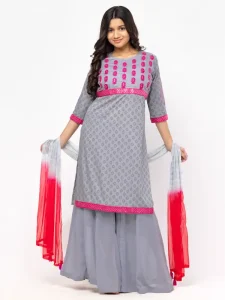 Grey Printed and Embroidered Linen Shalwar Kameez Set